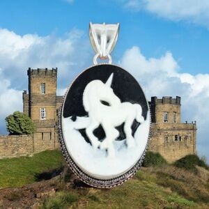 Black and White Carved Stone Unicorn Pendant 925 Silver